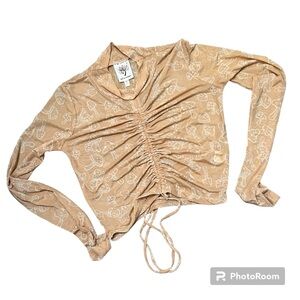 Y2k Top, Drawstring Ruched Sheer Crop Beige with Mushroom Print XSm Self Esteem